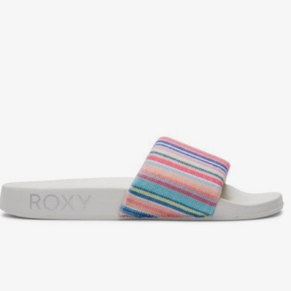 ROXY Women’s Slippy Terry Slides Sandals white multi rainbow cloth upper 8 - Picture 9 of 10